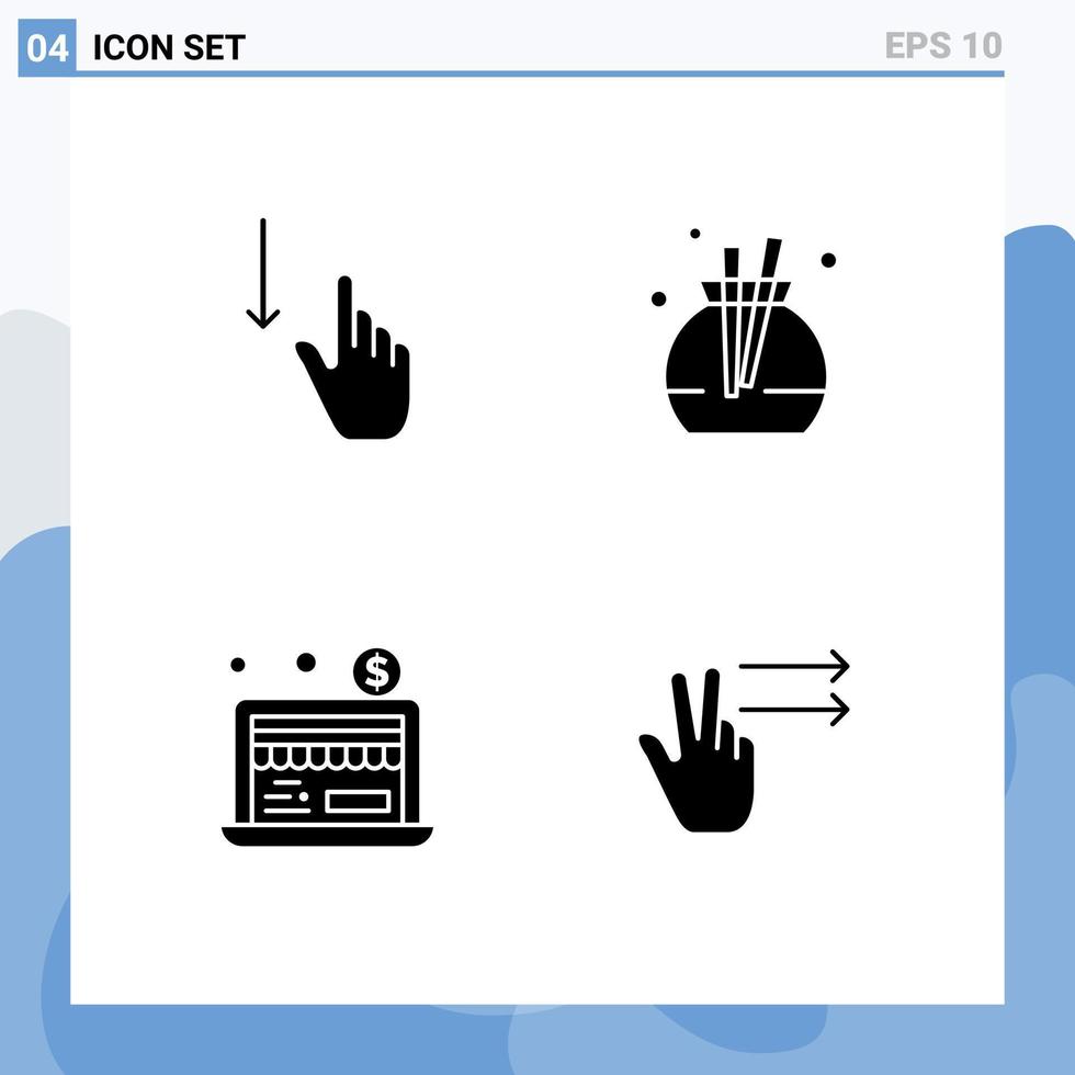 Packung mit 4 modernen soliden Glyphen Zeichen und Symbolen für Web-Printmedien wie Down-Online-Gesten Parfümfinger editierbare Vektordesign-Elemente vektor
