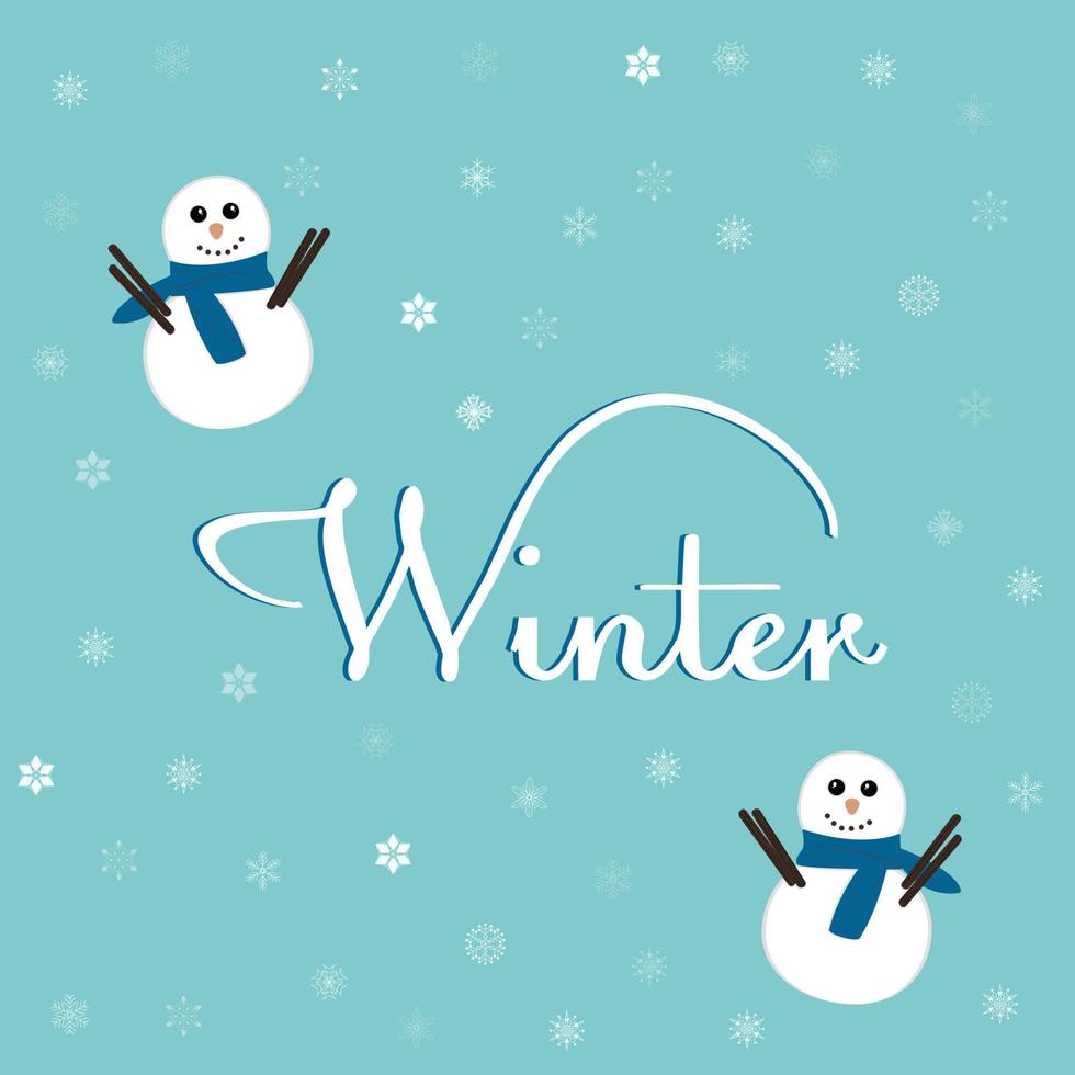 vinter- vykort med söt snögubbar och text vinter- på blå bakgrund med snöflingor. vektor