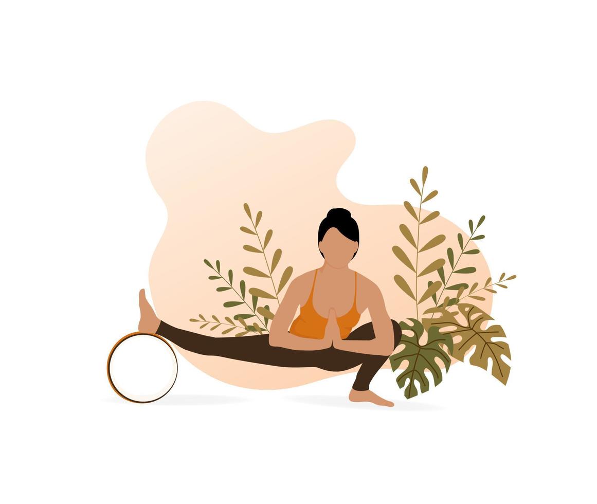 junges Mädchen demonstriert halbe Hocke mit Natur- und Blätterhintergrund. Flexible Frau, die Ardha Malasana macht. Hüftöffner-Übung mit Yogarad. Vektor-Illustration vektor