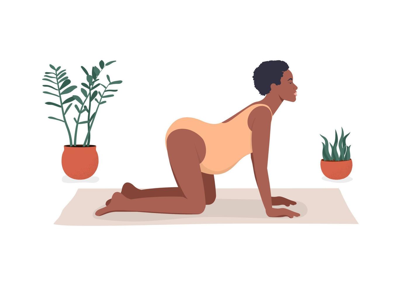 dunkelhäutige schwangere frau, die während der schwangerschaft trainiert. Mutter mit Bauch praktiziert pränatales Yoga in Katzenpose. Mutter in Kuhstellung. Vektor-Illustration isoliert auf weißem Hintergrund vektor