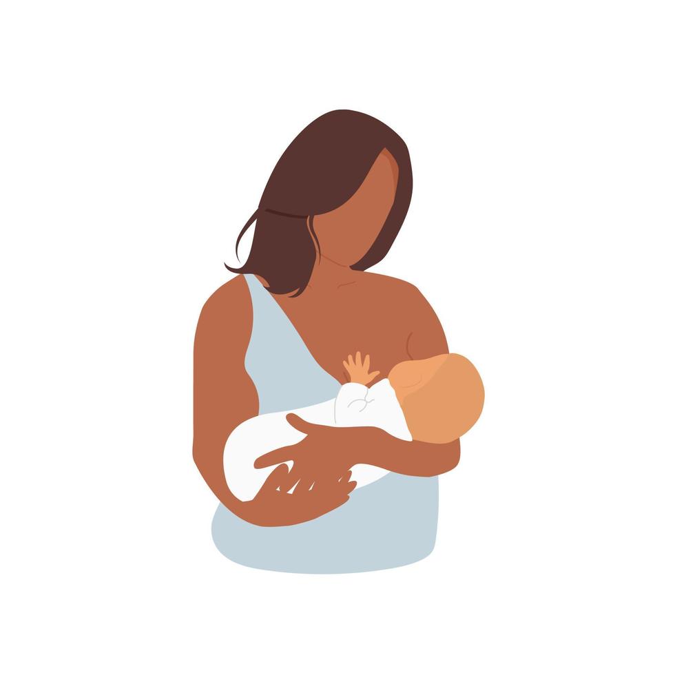 dunkelhäutige frau, die neugeborenes baby stillt. Mutter, die ihr Kind hält. mutter, die kleinkind mit muttermilch füttert. Vektor-Illustration isoliert auf weißem Hintergrund vektor