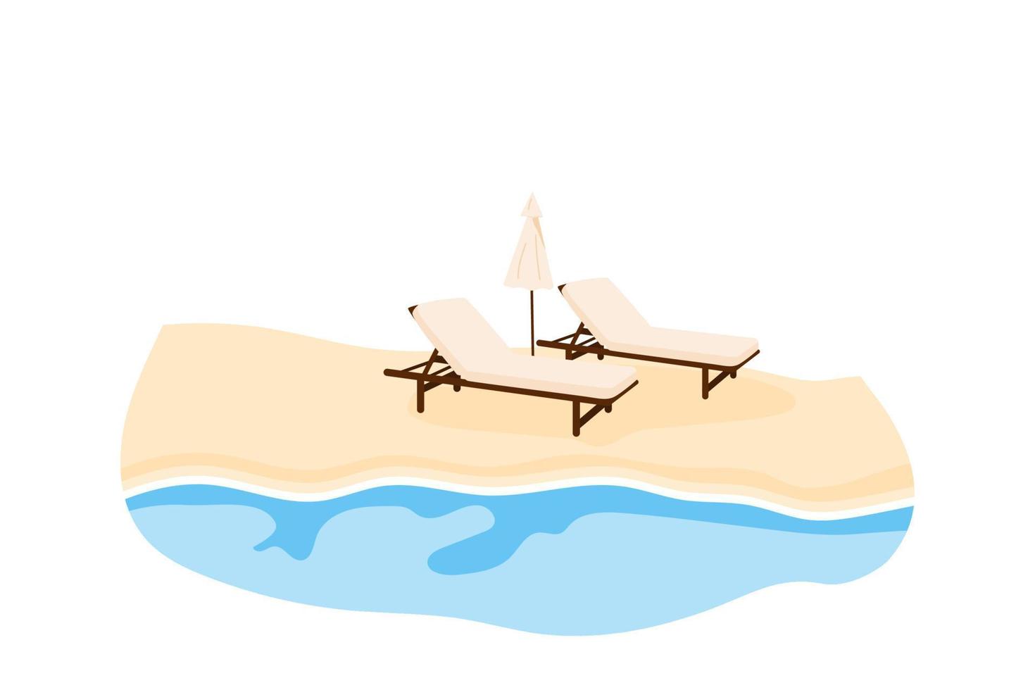 lyx sand strand. hav tillflykt med två strand stolar och paraply. havskust med solsängar i sommar. vektor illustration isolerat på vit bakgrund