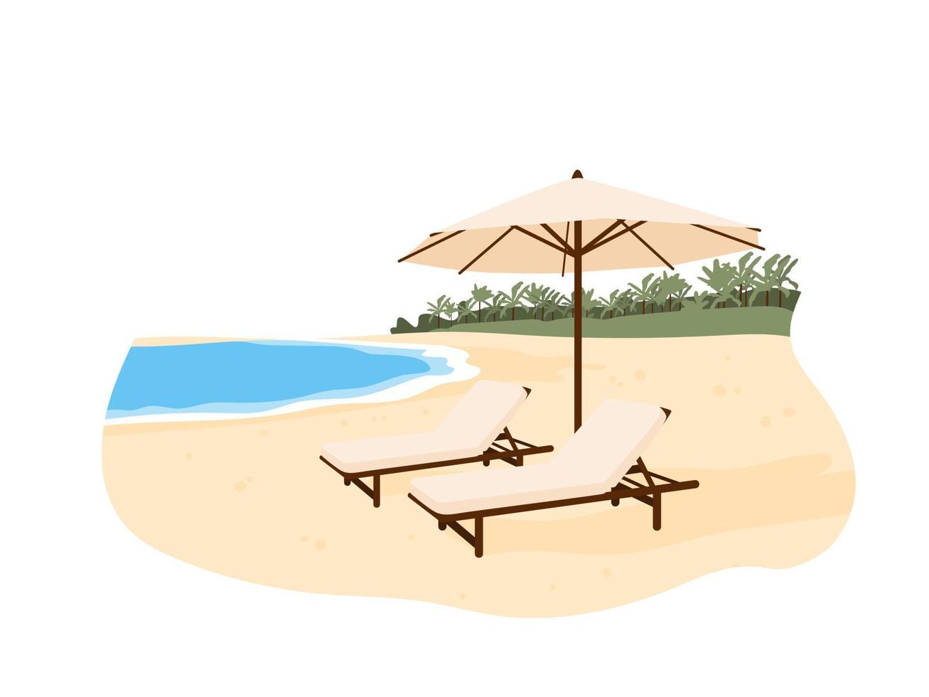 lyx sand strand. hav tillflykt med två strand stolar. havskust med solsängar och paraply i sommar. vektor illustration isolerat på vit bakgrund