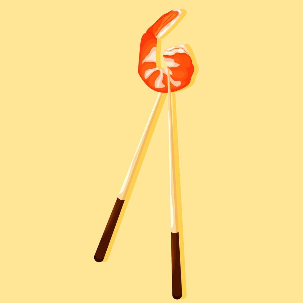 Cartoon orange Garnelen auf Essstäbchen. Meeresfrüchte-Vektor-Illustration. asiatische frische Meeresgarnele vektor