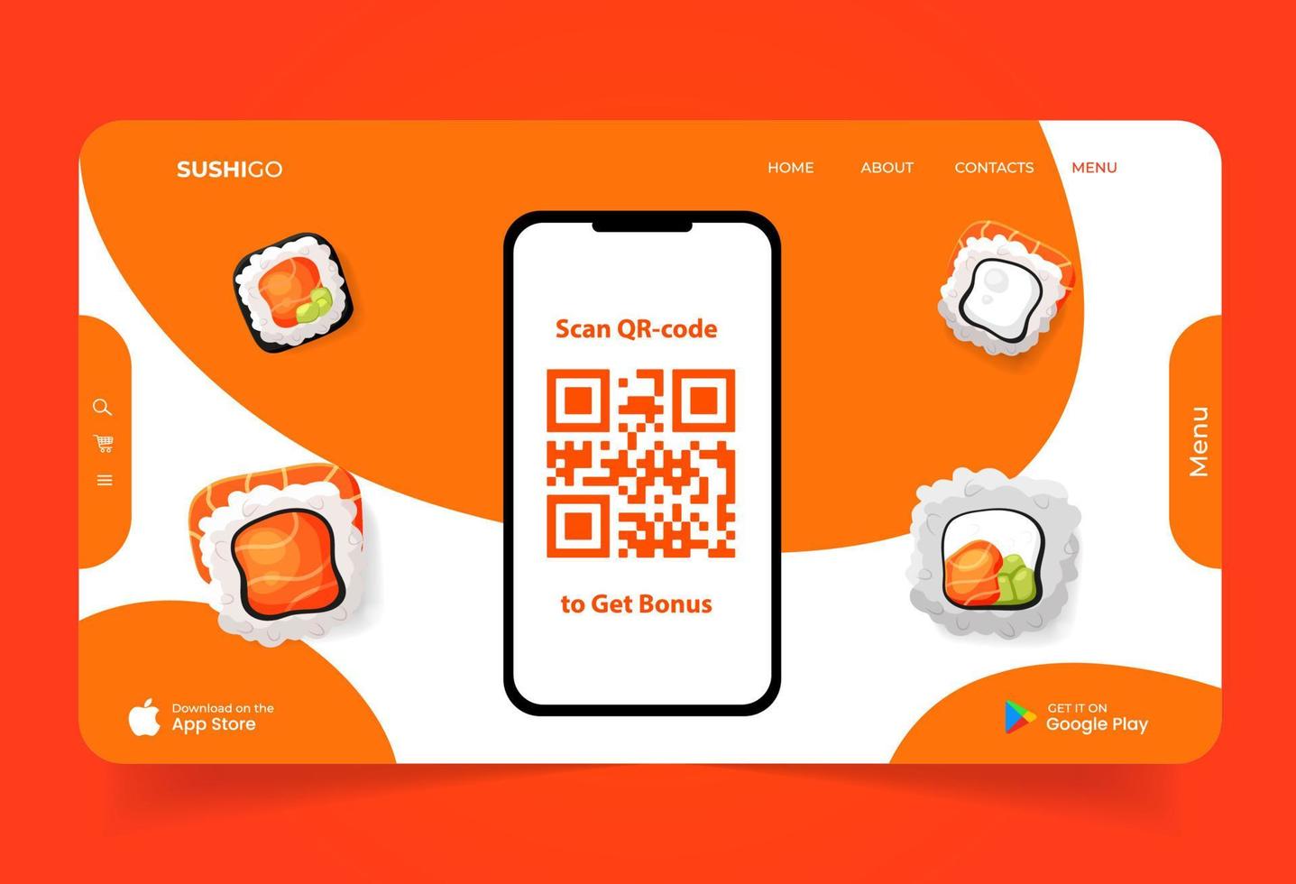 homepage mit telefonprototyp app mit sushi und qr-code für website. Landing Page mit asiatischem Essen vektor