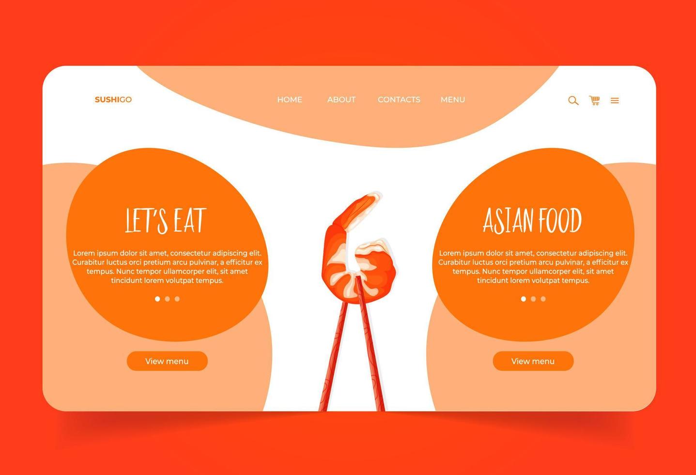 Landing Page mit gebratenen Garnelen in Holzstäbchen. Orangefarbene Website für ein Unternehmen für asiatische Lebensmittel vektor