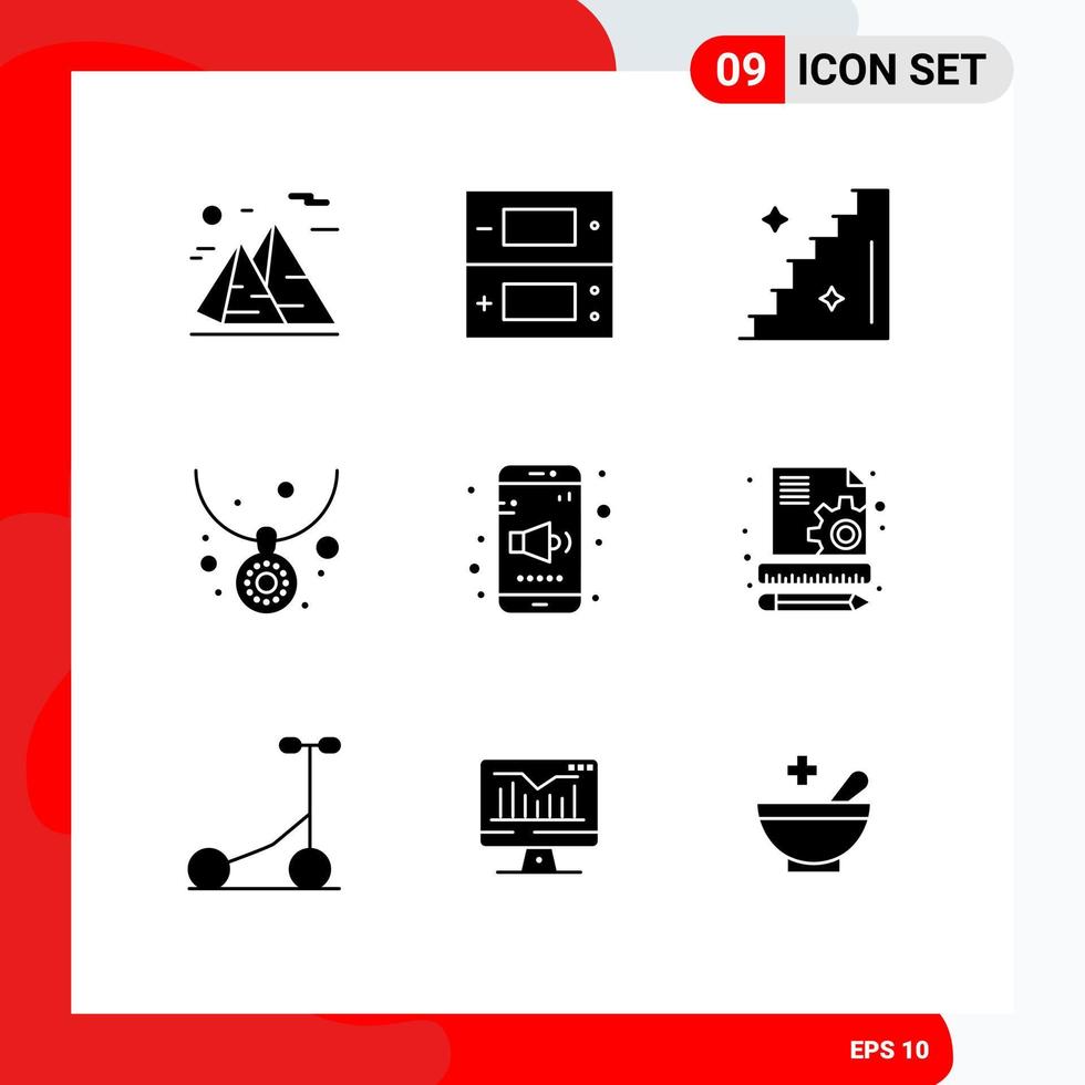 Bearbeitbares Vektorlinienpaket mit 9 einfachen soliden Glyphen von Video-Schmuckzubehör für mobile Halsketten, bearbeitbare Vektordesign-Elemente vektor
