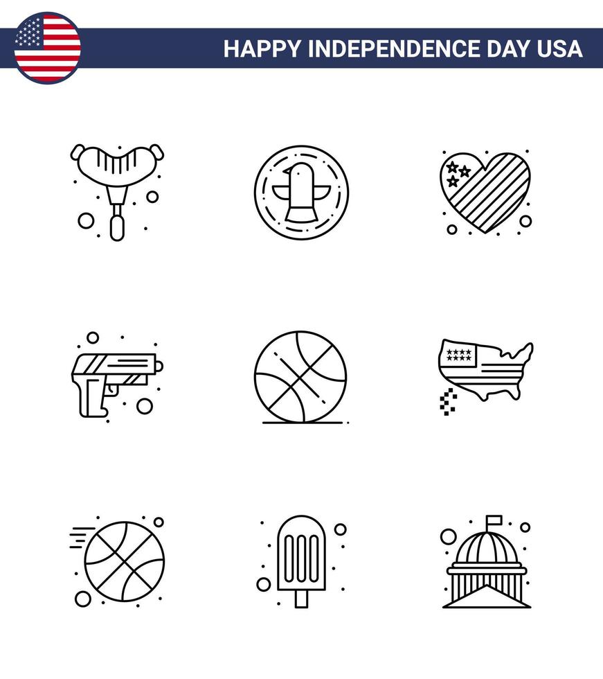 packa av 9 USA oberoende dag firande rader tecken och 4:e juli symboler sådan som sporter backetball flagga vapen säkerhet redigerbar USA dag vektor design element