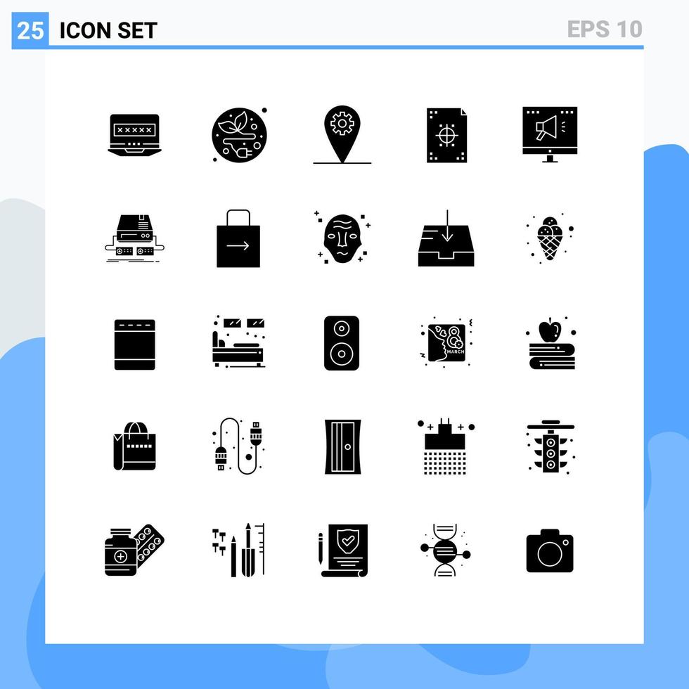 mobil gränssnitt fast glyf uppsättning av 25 piktogram av marknadsföring ad geo utskrift utveckling redigerbar vektor design element