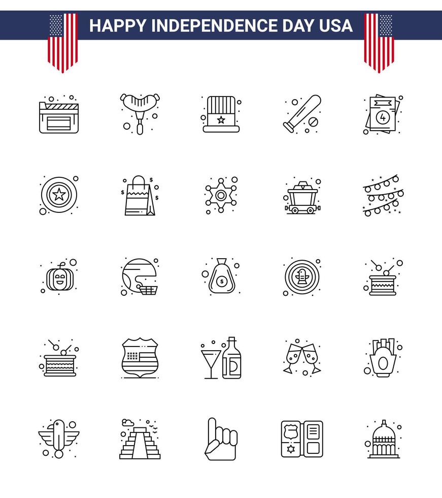 Lycklig oberoende dag 25 rader ikon packa för webb och skriva ut USA inbjudan hatt USA fladdermus redigerbar USA dag vektor design element
