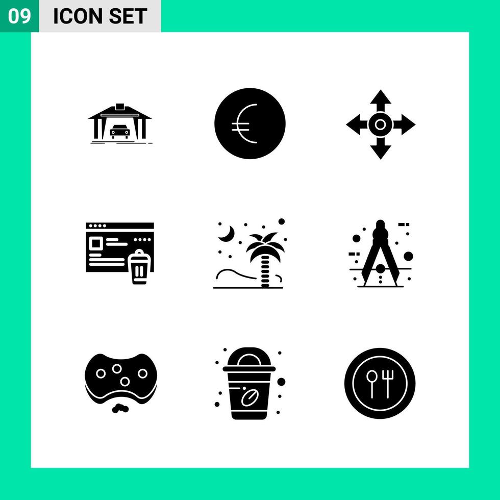 Packung mit 9 soliden Stil-Icon-Sets. Glyphensymbole für den Druck. kreative zeichen lokalisiert auf weißem hintergrund. 9 Symbolsatz. vektor