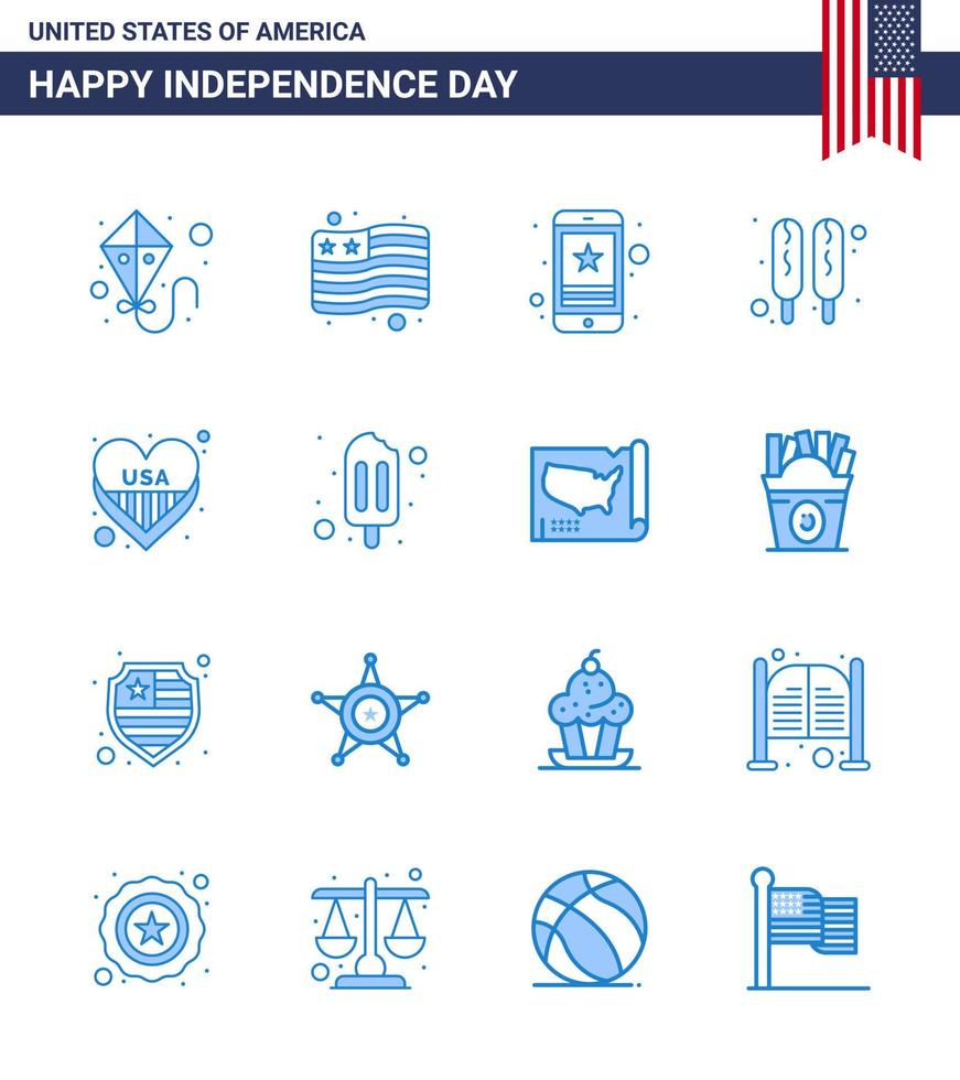 modern uppsättning av 16 blues och symboler på USA oberoende dag sådan som USA hjärta smart telefon amerikan varm hund redigerbar USA dag vektor design element