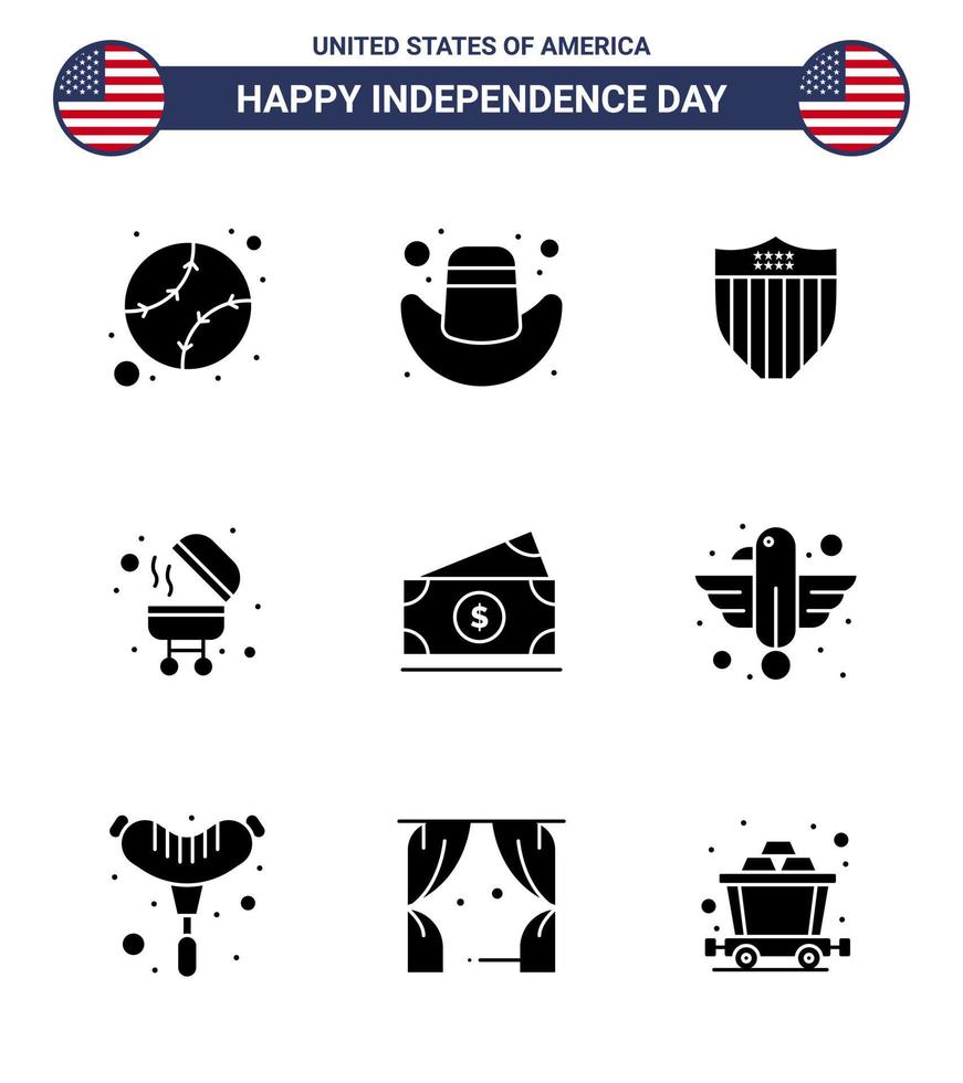 Aktienvektor-Icon-Pack mit amerikanischen Tag 9-Zeilenzeichen und -symbolen für USA-Geldschild-Dollar-BBQ editierbare USA-Tag-Vektordesign-Elemente vektor