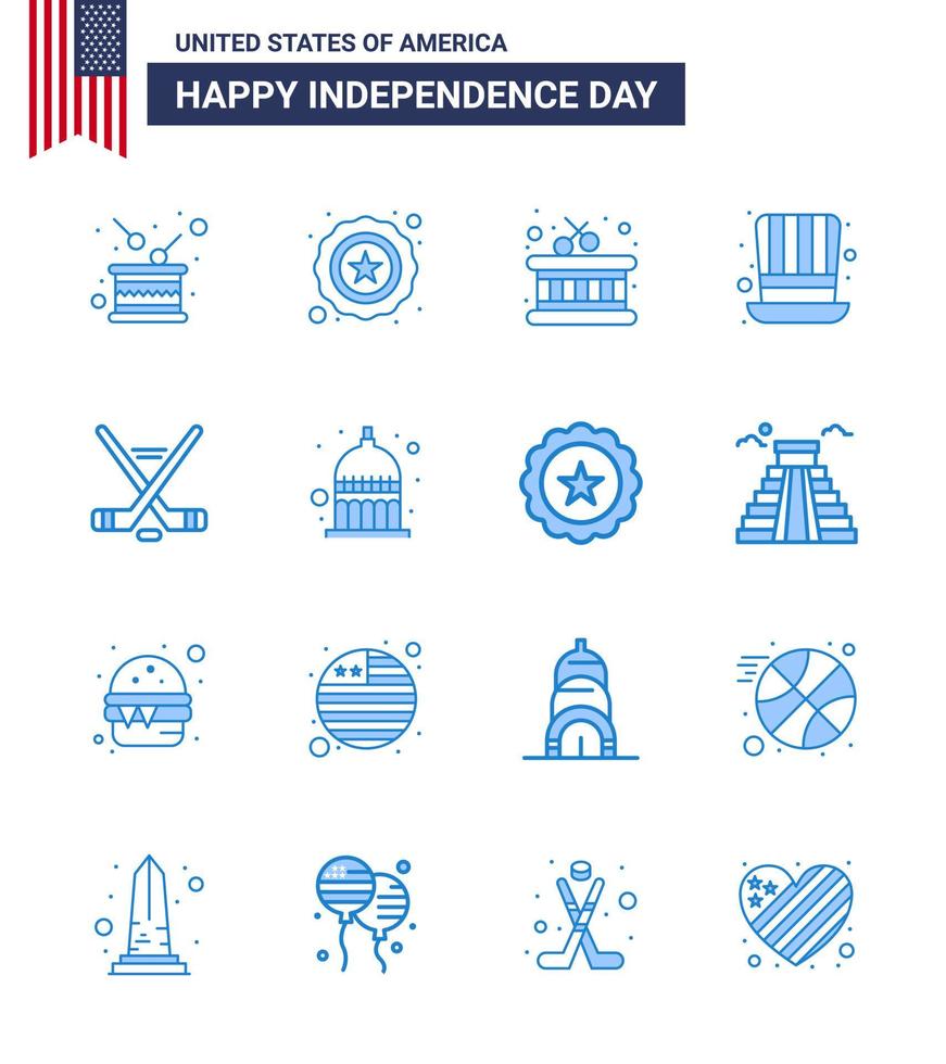 Happy Independence Day Pack mit 16 Blues-Zeichen und Symbolen für Sport Hokey Drum Usa-Hut editierbare Usa-Tag-Vektordesign-Elemente vektor