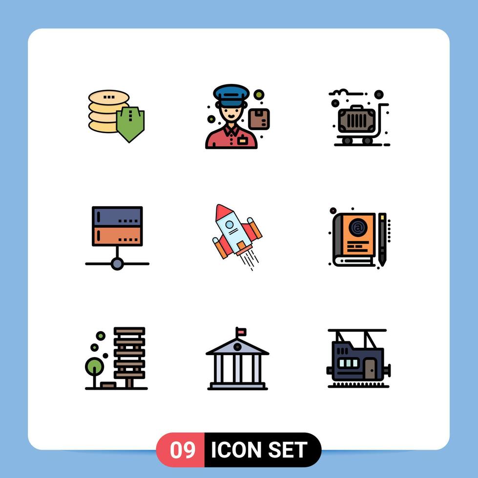 Satz von 9 kommerziellen Filledline-Flachfarbpaketen für Shuttle-Signalkoffer-Serverdaten editierbare Vektordesign-Elemente vektor