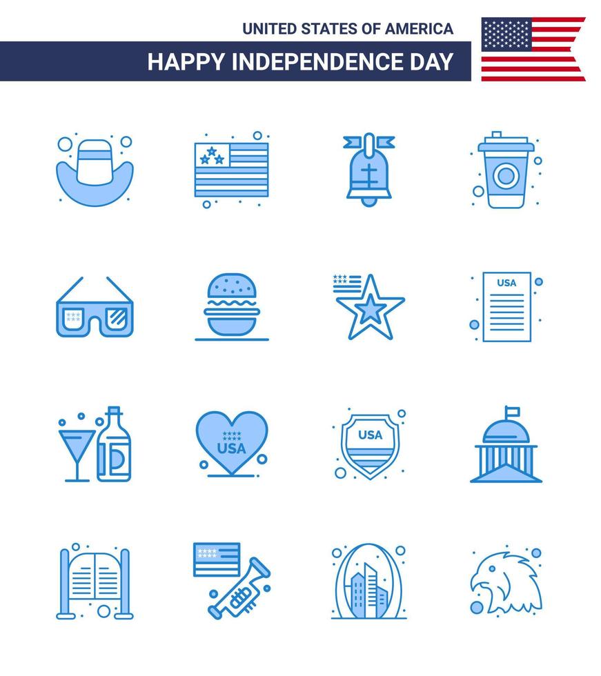 4:e juli USA Lycklig oberoende dag ikon symboler grupp av 16 modern blues av burger amerikansk amerikan glasögon dryck redigerbar USA dag vektor design element