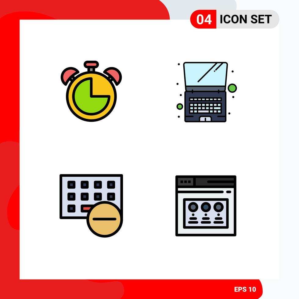 Packung mit 4 modernen Zeichen und Symbolen in flachen Farben für Web-Printmedien wie Alarm-Gadget-Timer-Technologie Tastatur editierbare Vektordesign-Elemente vektor