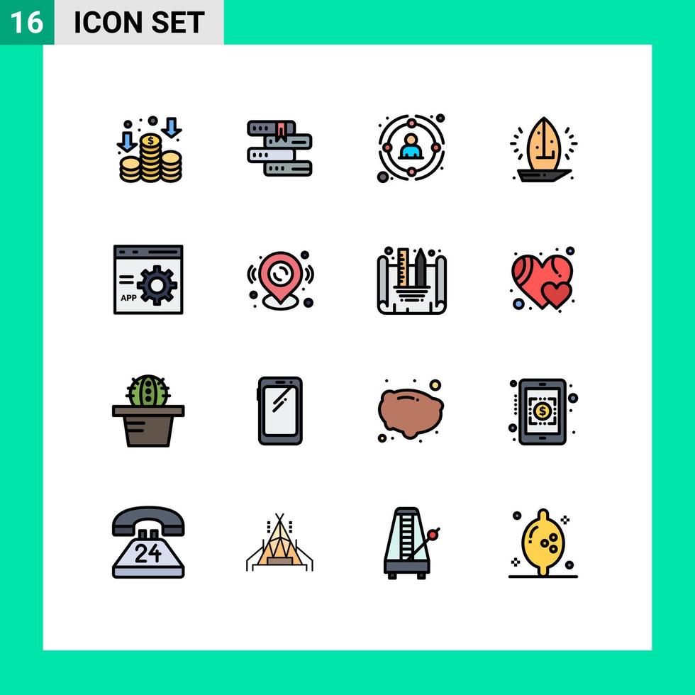16 flache, farbgefüllte Zeilenpakete der Benutzeroberfläche mit modernen Zeichen und Symbolen des Browser-Segelboot-Managements Segelboot editierbare kreative Vektordesign-Elemente vektor
