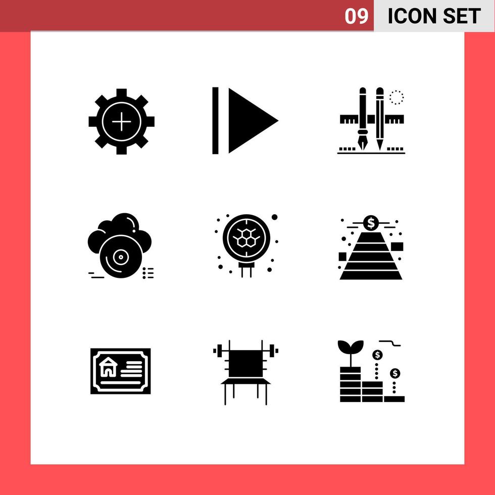 moderner Satz von 9 soliden Glyphen und Symbolen wie bearbeitbare Vektordesignelemente für Molekülspeicher-Bleistiftwolkenscheiben vektor