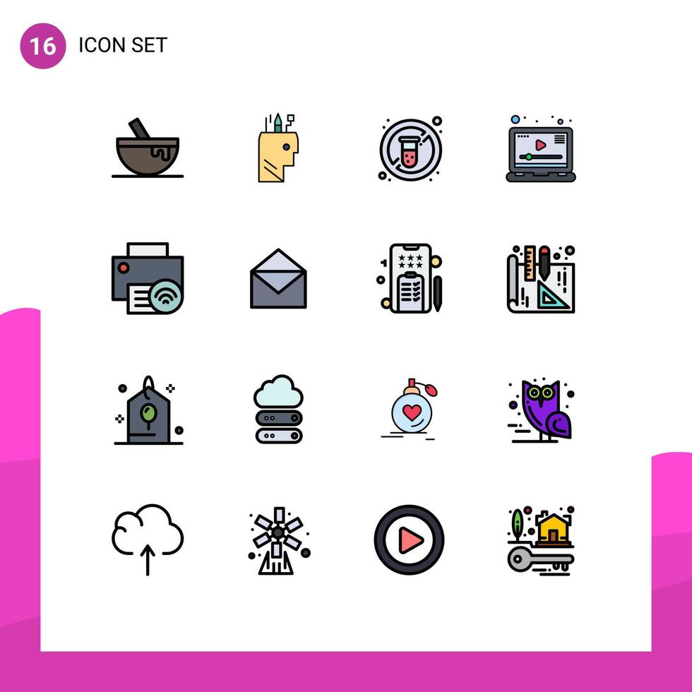 Gruppe von 16 flachen, farbgefüllten Linien Zeichen und Symbole für Geräte, die Diät-Videomedien vermarkten, editierbare kreative Vektordesign-Elemente vektor