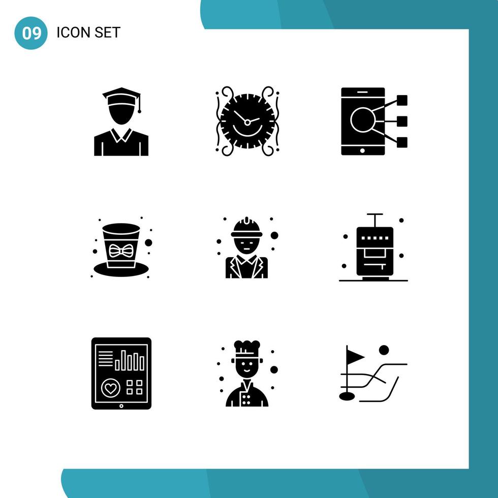 Benutzeroberflächenpaket mit 9 grundlegenden soliden Glyphen von Chief Hat Connect Festival teilen editierbare Vektordesign-Elemente vektor