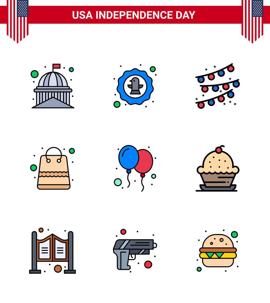 Stock Vektor Icon Pack von American Day 9 Zeilenzeichen und Symbolen für Luftballons Pakete Adler Geld Partybirne editierbare Usa Day Vektor Design Elemente