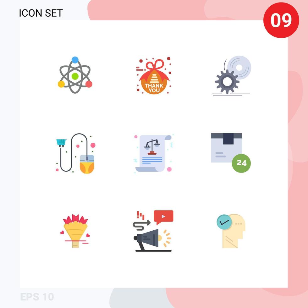 Gruppe von 9 flachen Farbzeichen und Symbolen für E-Commerce-Warenkorb mit bearbeitbaren Vektordesign-Elementen der Balance-Mausscheibe vektor