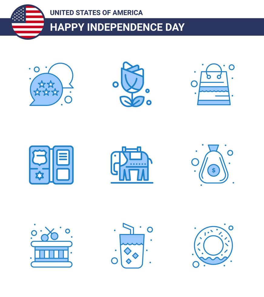 Happy Independence Day Pack mit 9 Blues-Zeichen und Symbolen für American Star Bag American Book editierbare Usa-Day-Vektordesign-Elemente vektor