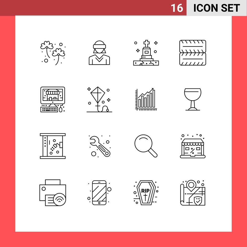 piktogram uppsättning av 16 enkel konturer av affär e-handel kvinna fordon grav redigerbar vektor design element