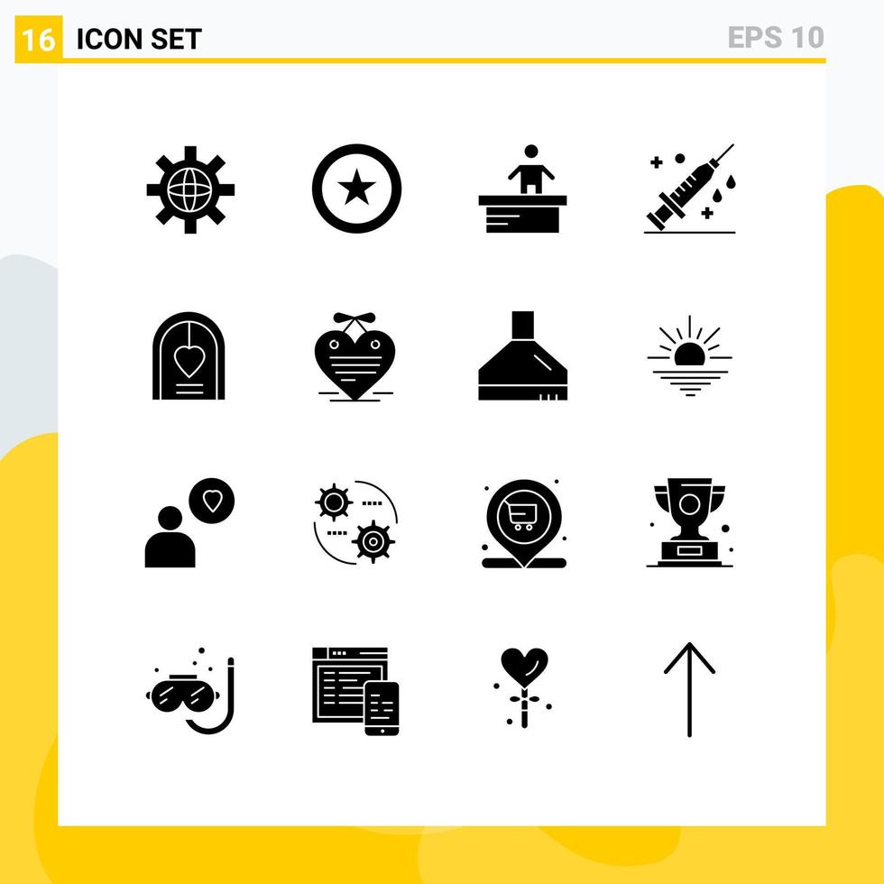 Gruppe von 16 modernen soliden Glyphen, die für medizinisch editierbare Vektordesign-Elemente des Liebesbogen-Schreibtisch-Impfstoffs festgelegt wurden vektor