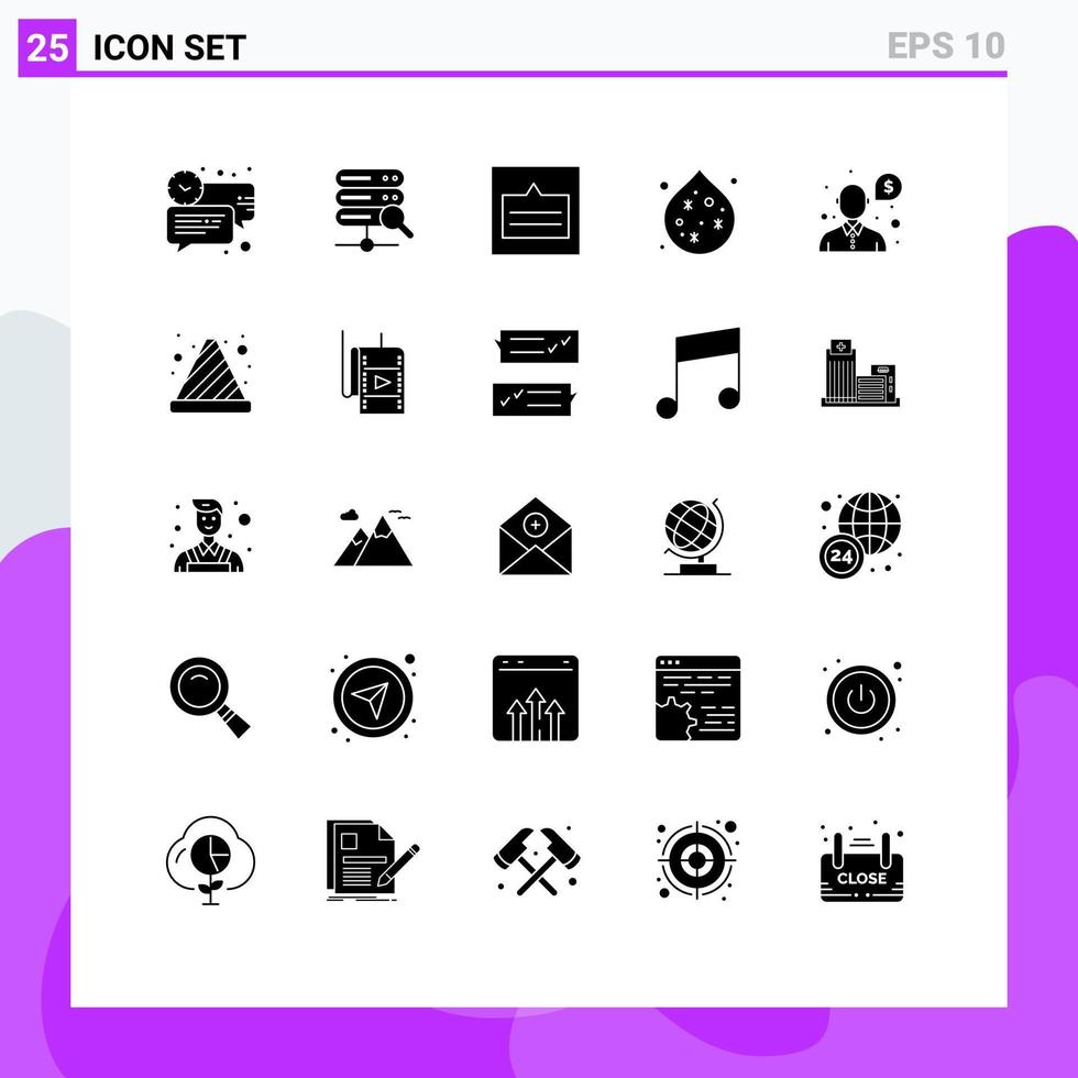 Satz von 25 kommerziellen soliden Glyphen-Paket für Geld Wassergitter Abfall Wireframe editierbare Vektordesign-Elemente vektor