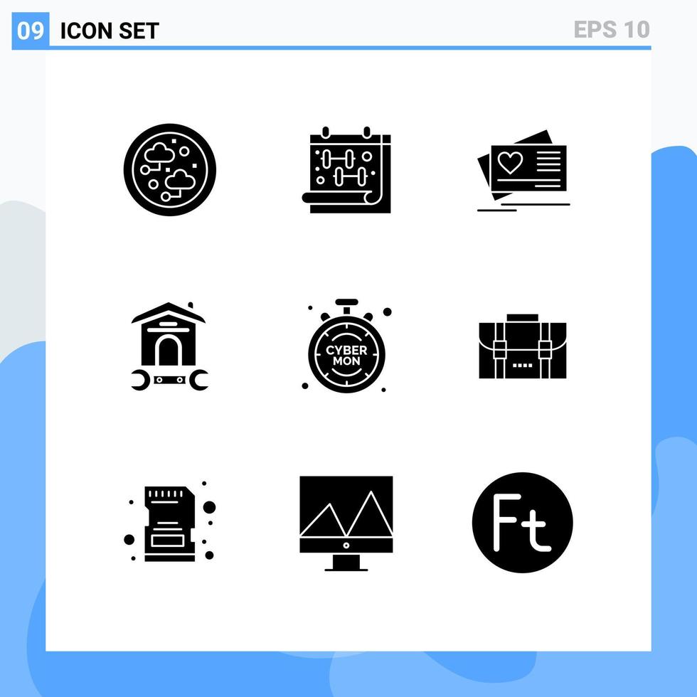 redigerbar vektor linje packa av 9 enkel fast glyfer av cyber verktyg kort reparera hus redigerbar vektor design element