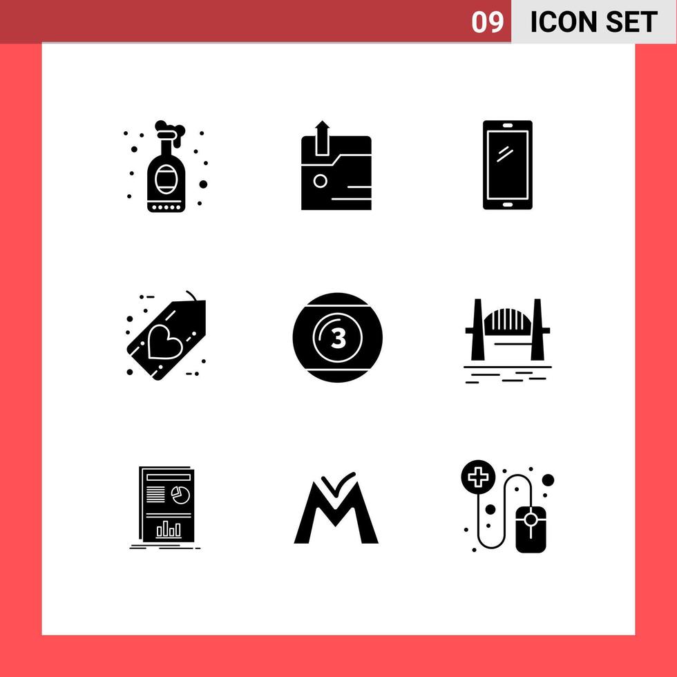 9 universell fast glyfer uppsättning för webb och mobil tillämpningar kö boll hjärta smart telefon fredag svart redigerbar vektor design element