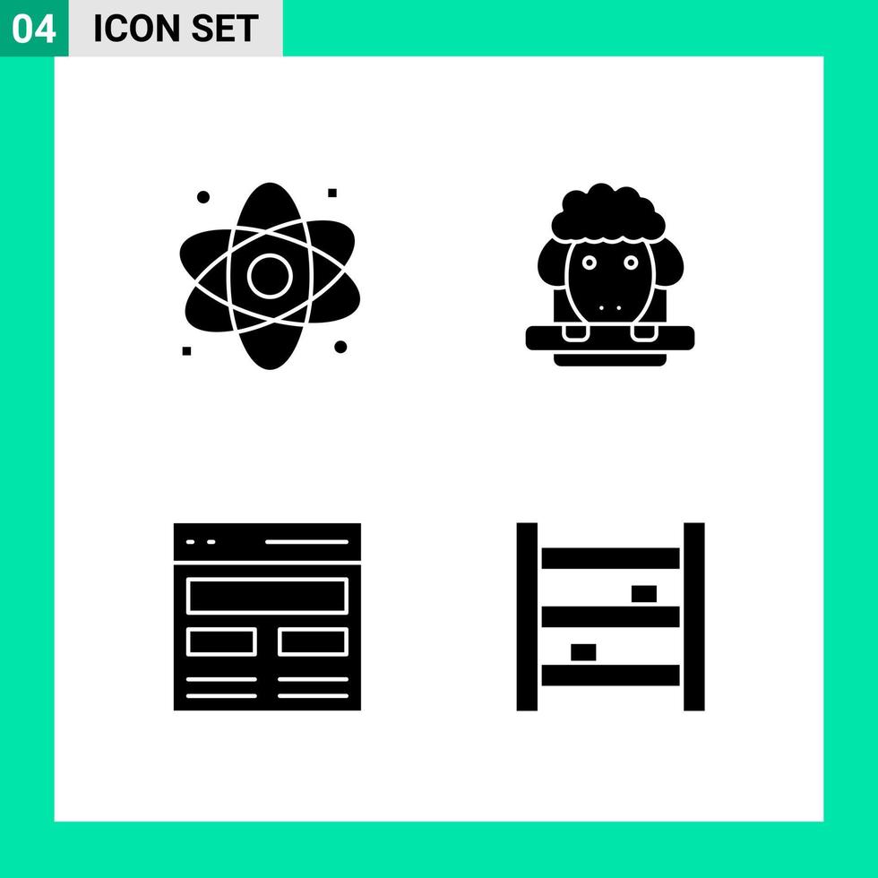 Packung mit 4 Symbolen im soliden Stil, Glyphensymbole für den Druck kreativer Zeichen, isoliert auf weißem Hintergrund 4 Symbolsatz, kreativer schwarzer Symbolvektorhintergrund vektor