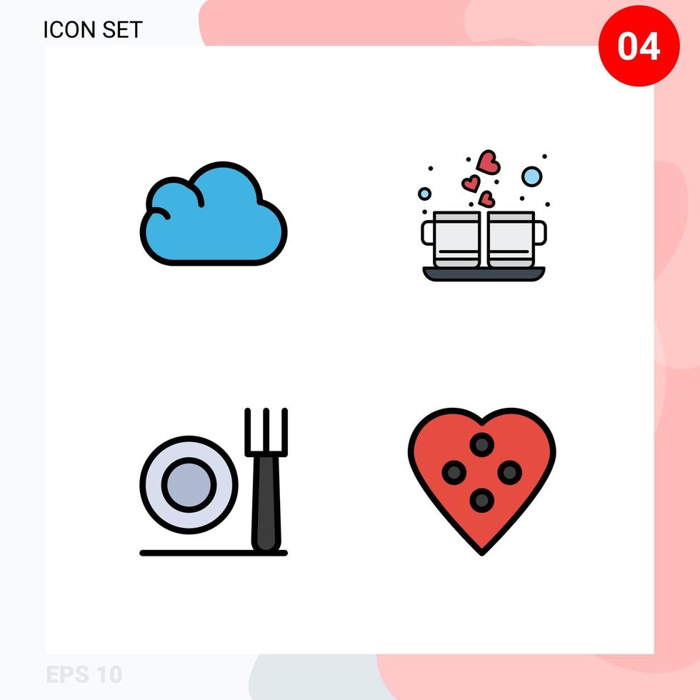 Satz von 4 kommerziellen Filledline-Flachfarben-Packs für bearbeitbare Vektordesign-Elemente der Cloud-Platten-Kaffeegetränk-Schaltfläche vektor
