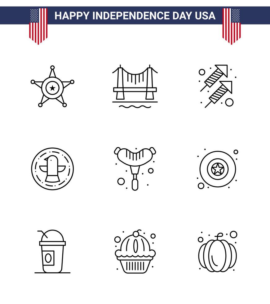 4:e juli USA Lycklig oberoende dag ikon symboler grupp av 9 modern rader av frankfurter Örn firande firande amerikan redigerbar USA dag vektor design element