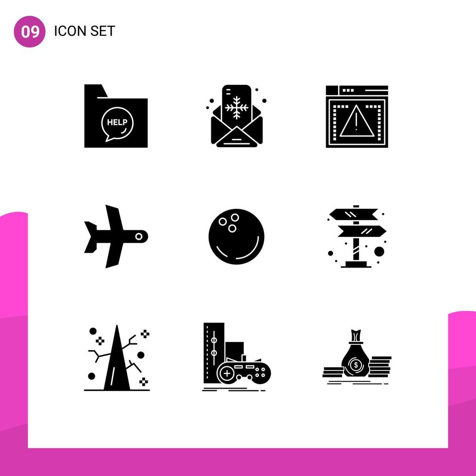 9 solides Glyphenpaket der Benutzeroberfläche mit modernen Zeichen und Symbolen von Balltransportnachrichten Startfehler editierbare Vektordesignelemente vektor