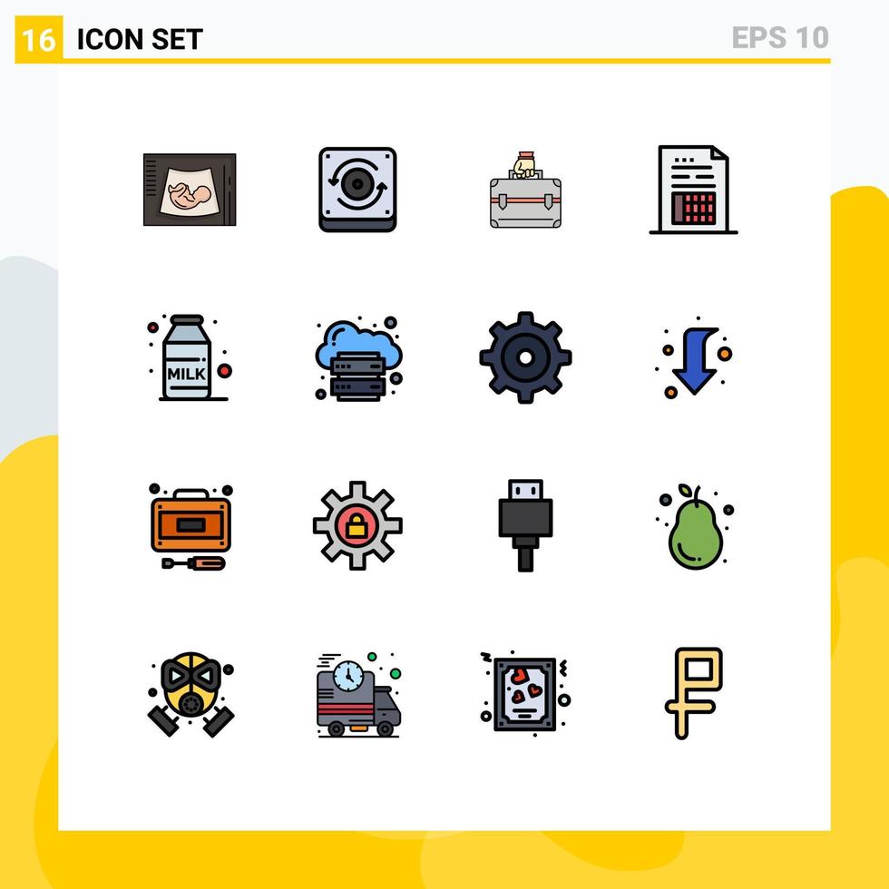 Gruppe von 16 modernen, flachen, farbgefüllten Linien, die für das Frühstücksdateigelddokumentkonto gesetzt werden, editierbare kreative Vektordesignelemente vektor