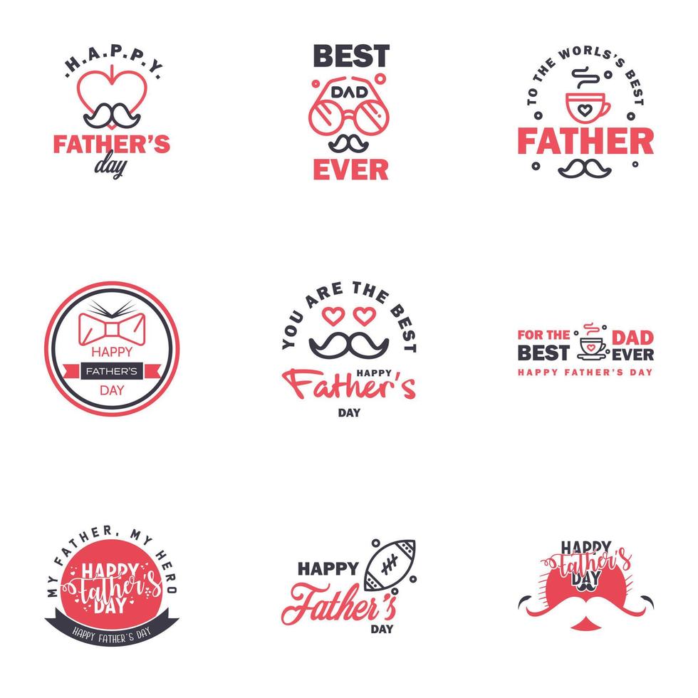 9 schwarze und rosa Reihe von Vektor Happy Fathers Day Typografie Vintage Icons Schriftzug für Grußkarten Banner T-Shirt Design Vatertag editierbare Vektordesign-Elemente