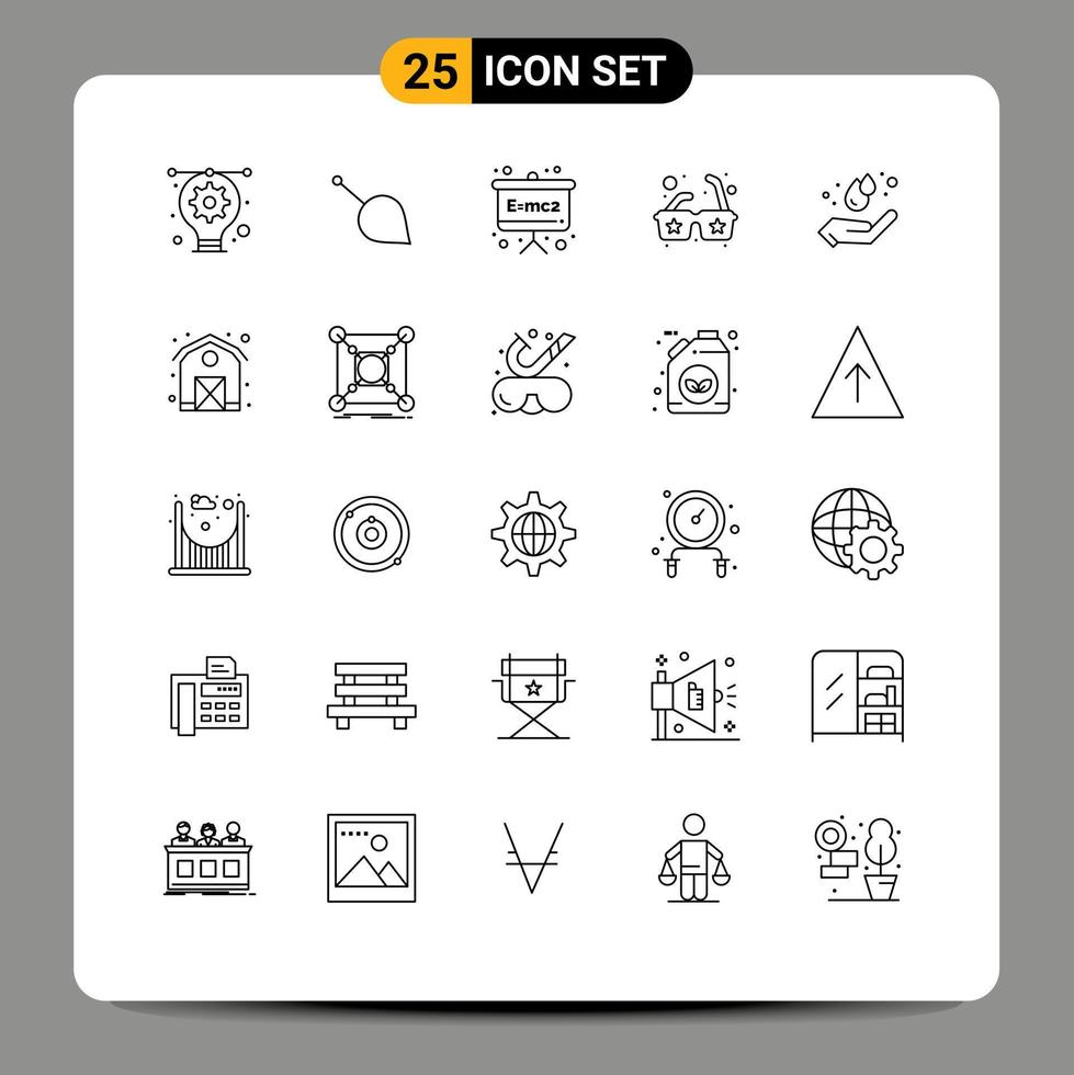 Stock Vector Icon Pack mit 25 Zeilen Zeichen und Symbolen für Ökologie Sonnenbrillen Währung Sonne Physik Formel editierbare Vektordesign-Elemente