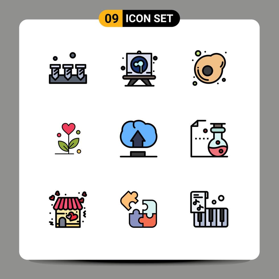 Mobile Schnittstelle Filledline flacher Farbsatz von 9 Piktogrammen der Benutzeroberfläche Frühstück Herz Blume editierbare Vektordesign-Elemente vektor