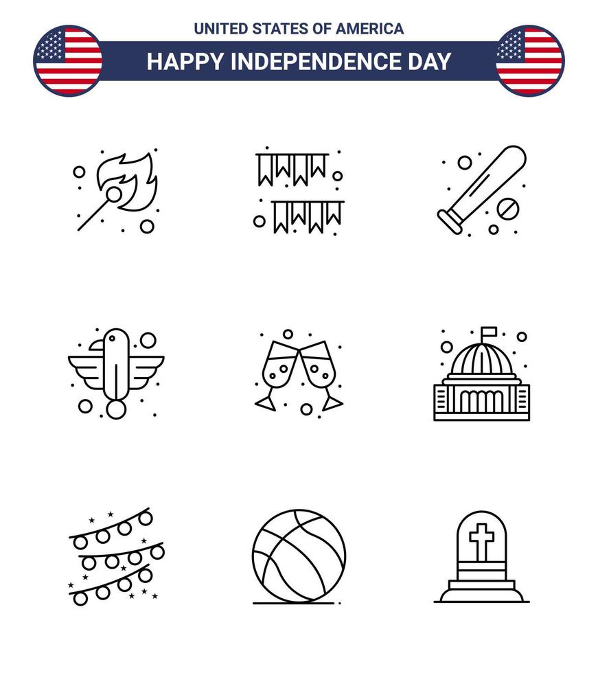 große packung mit 9 usa glücklicher unabhängigkeitstag usa vektorlinien und editierbare symbole von eagle animal party american sports editierbare usa day vektordesignelemente vektor