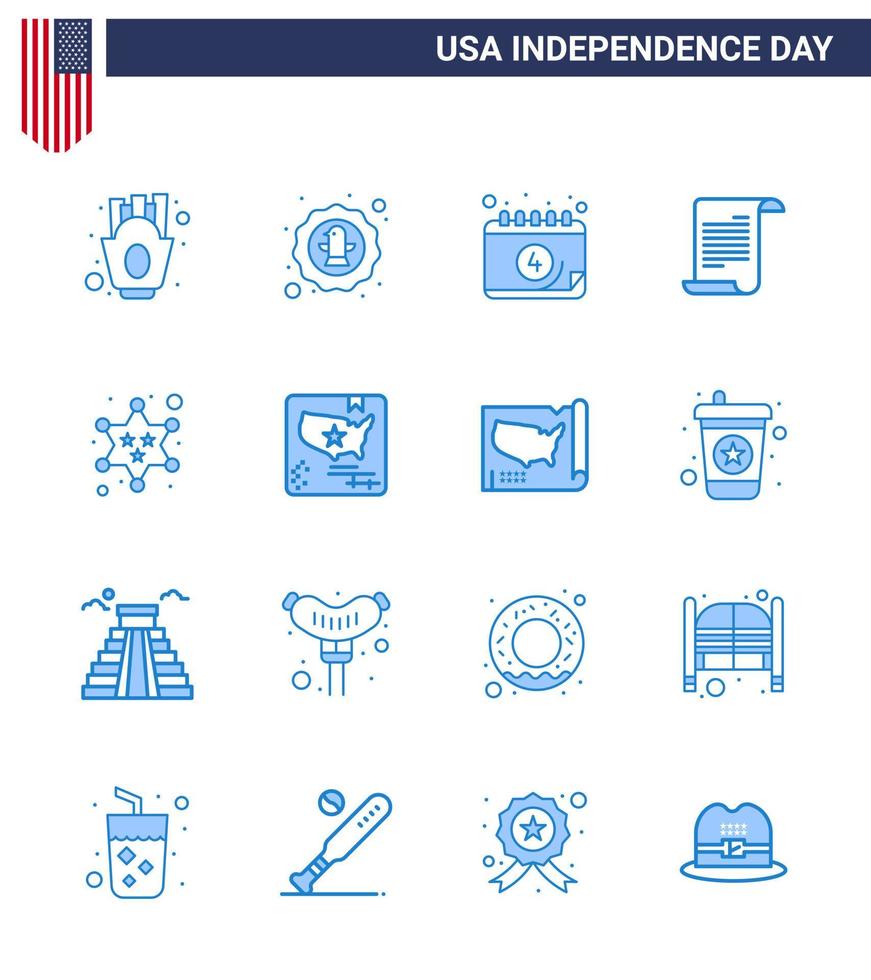 USA oberoende dag blå uppsättning av 16 USA piktogram av bricka amerikan bricka text dag redigerbar USA dag vektor design element