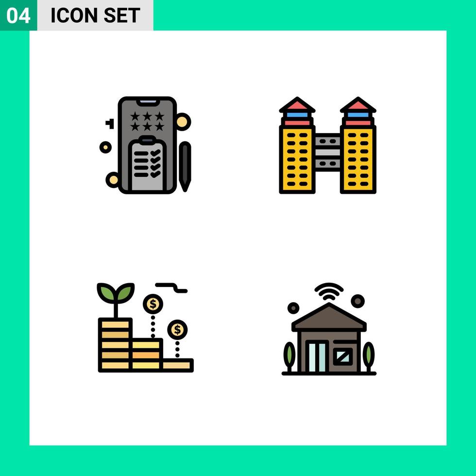 Filledline Flat Color Pack mit 4 universellen Symbolen für mobile Investitionen, Telefonbau, Haus, editierbare Vektordesign-Elemente vektor