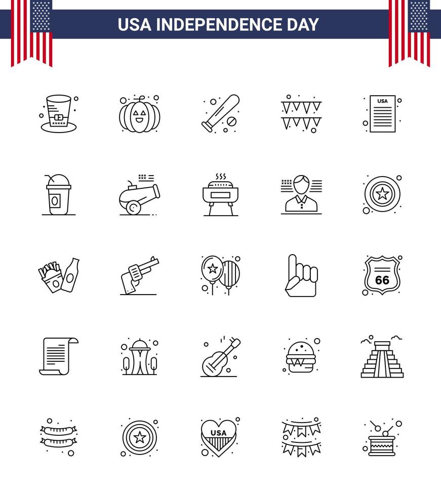 25 USA linje packa av oberoende dag tecken och symboler av demokratisk deklaration baseboll papper festival redigerbar USA dag vektor design element