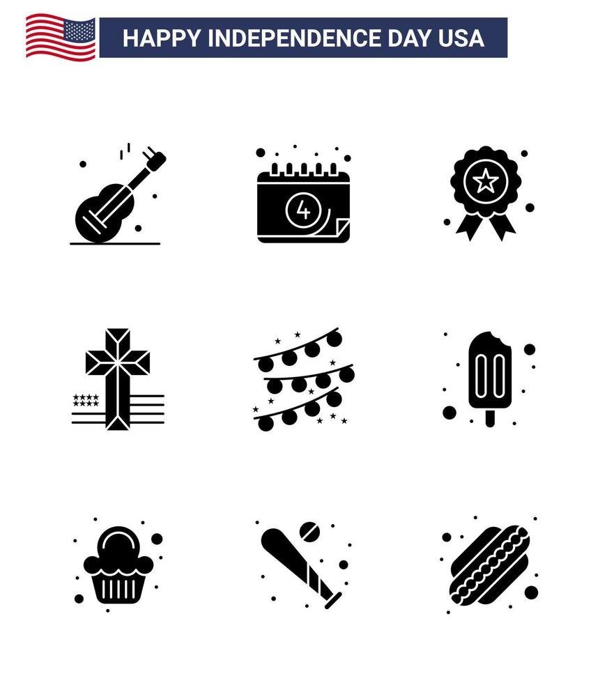 9 solide Glyphenzeichen für Usa-Unabhängigkeitstag-Party-Glühbirnen-Feiertagskirche amerikanische editierbare Usa-Tag-Vektordesign-Elemente vektor