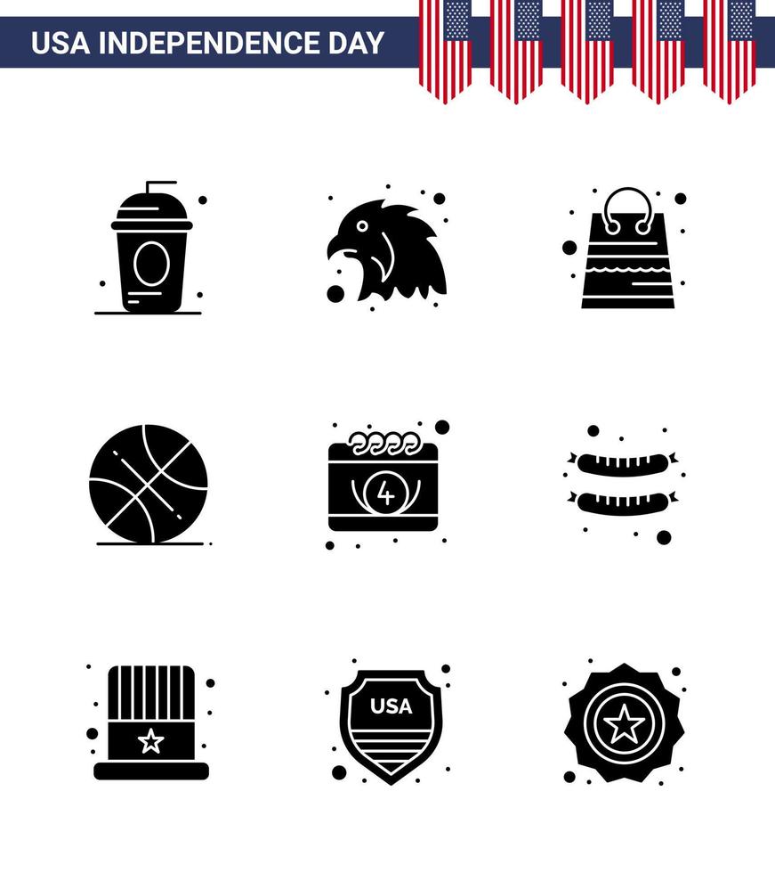 packung mit 9 usa unabhängigkeitstag feier solide glyphen zeichen und 4. juli symbole wie kalender usa tasche sport backetball editierbare usa tag vektor design elemente