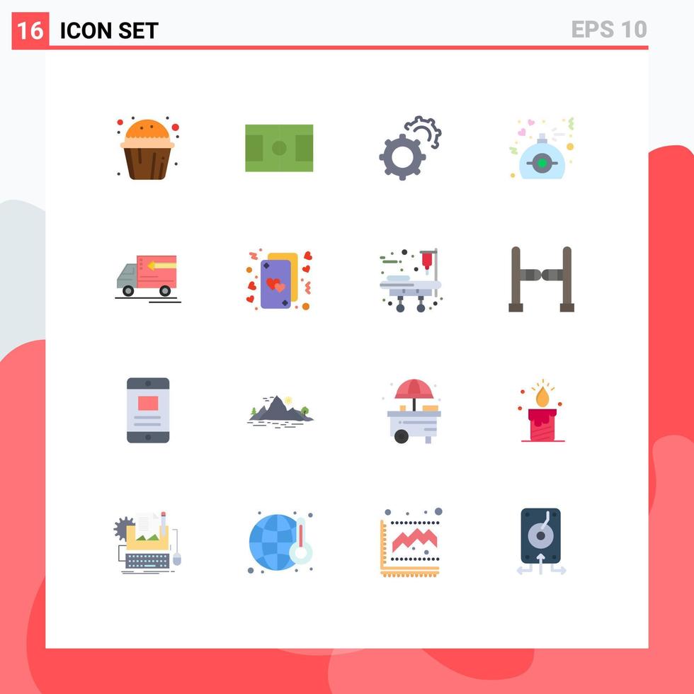 16 platt Färg begrepp för webbplatser mobil och appar fordon leverans kugghjul lastbil parfym redigerbar packa av kreativ vektor design element