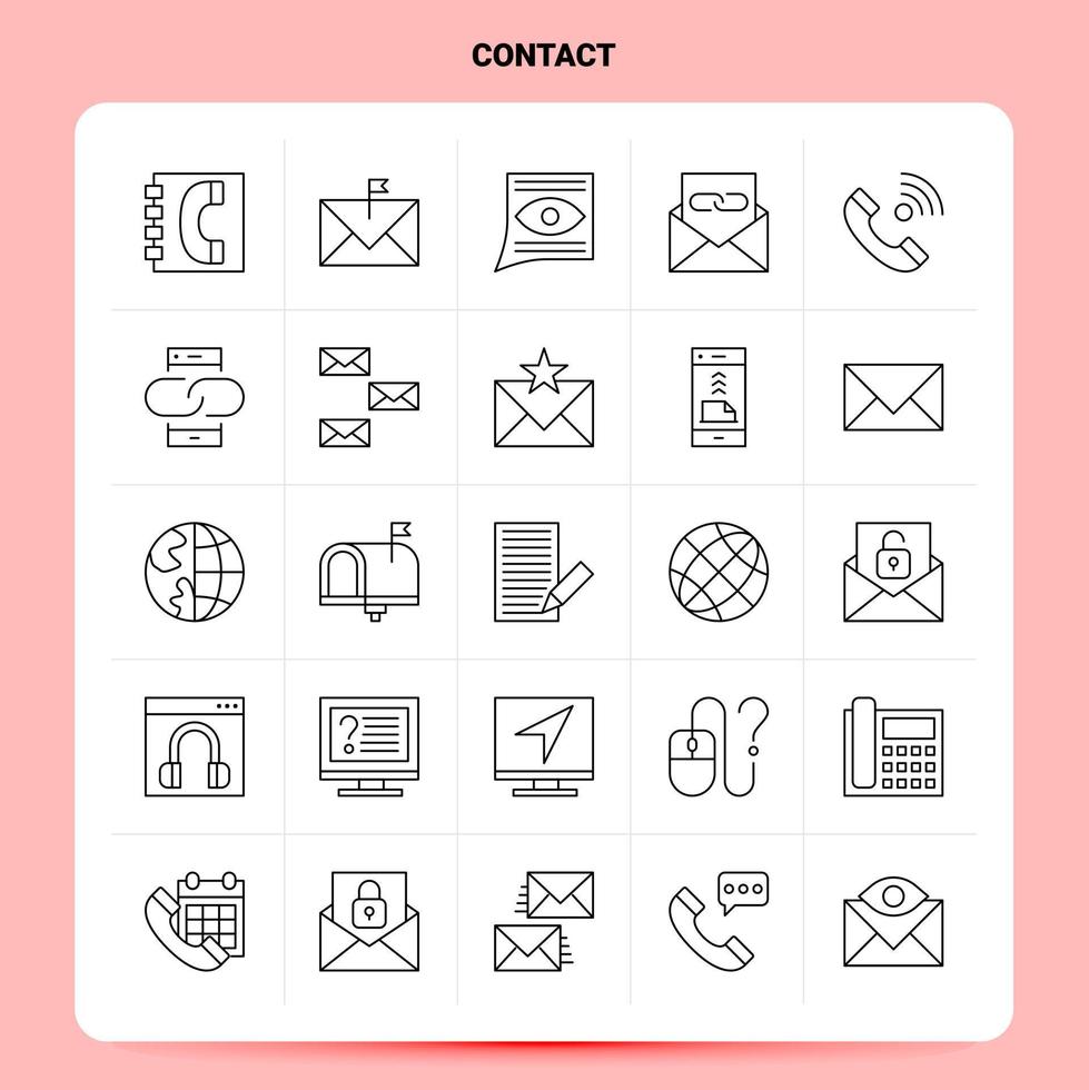 Umriss 25 Kontakt Icon Set Vektor Line Style Design Schwarze Icons Set Linear Piktogramm Pack Web und mobile Geschäftsideen Design Vector Illustration