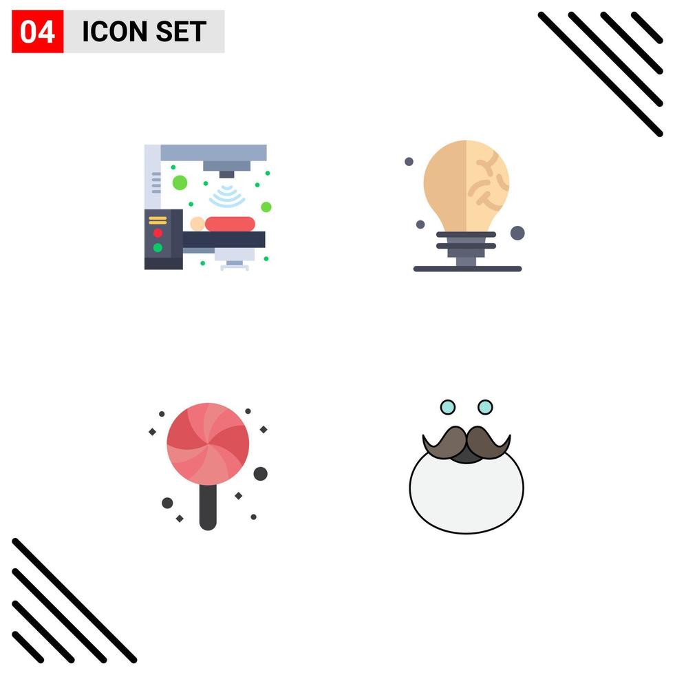 Flaches Icon-Paket mit 4 universellen Symbolen für Maschinen-Süßigkeiten-Scanner Wissenschaft Hipster editierbare Vektordesign-Elemente vektor